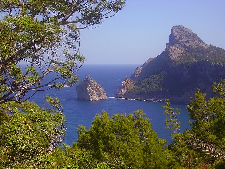 pollenca, spain, trees, rocks, rocky, sea, ocean, water, sky HD wallpaper