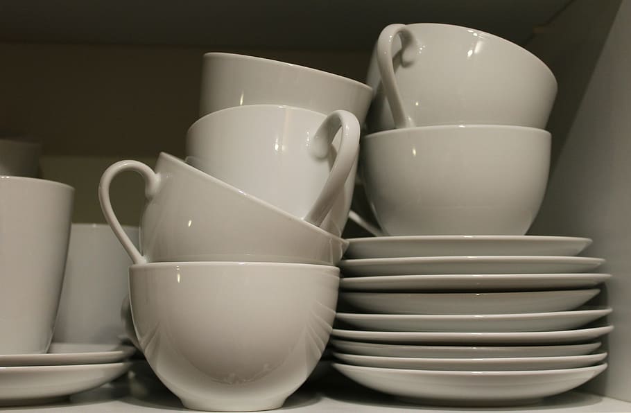 tableware, porcelain, coffee mugs, cover, kitchen, white, stacked HD wallpaper