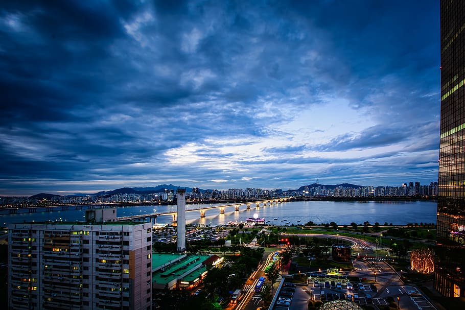 photo of gray concrete city buildings, seoul, yeoido, sky, cloud HD wallpaper