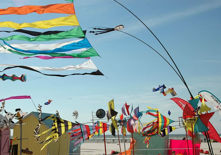 assorted-color streamers, Kite, Beach, Berck, Plage, Wind, Sky HD wallpaper