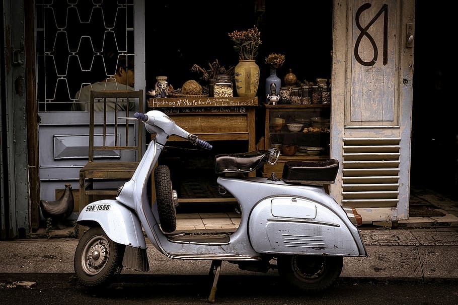 gray motor scooter parked infront of store, moped, travel, transportation, HD wallpaper