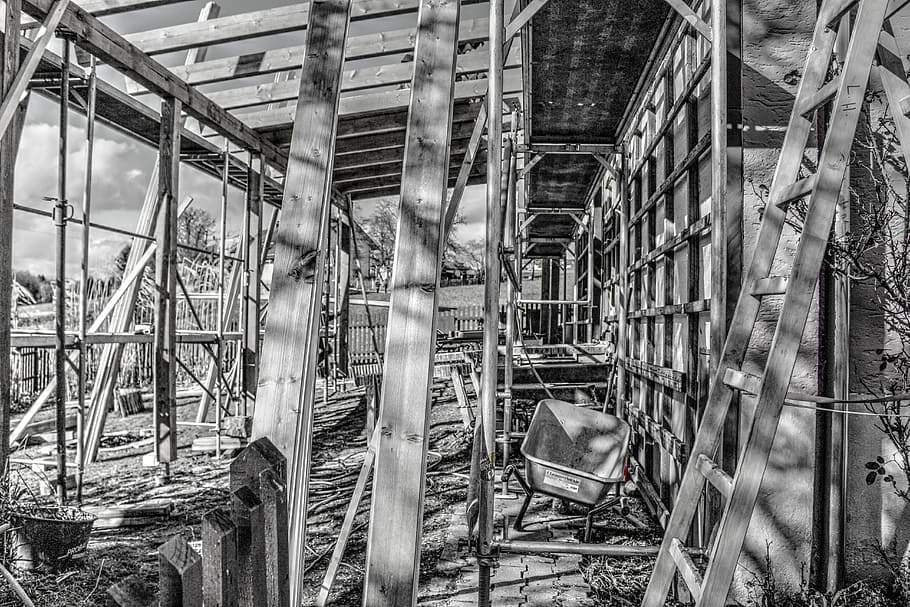 site, scaffold, wheelbarrow, construction work, scaffolding HD wallpaper