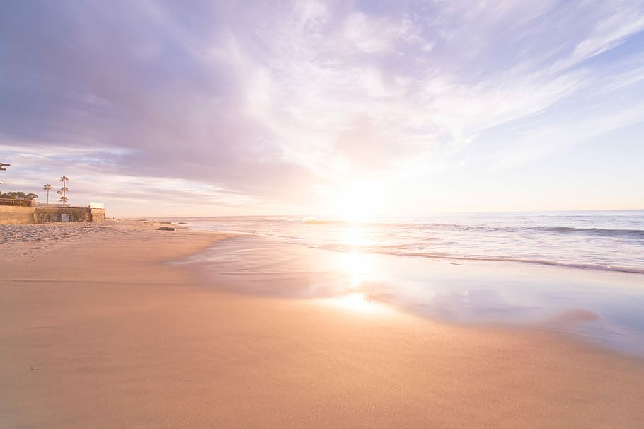 long exposure photography of sea shore, photo of a seashore and sunrise HD wallpaper
