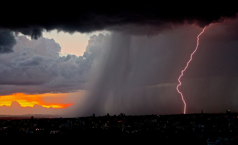rain and lightning bolt at city, thunderstorm, weather, flash, HD wallpaper