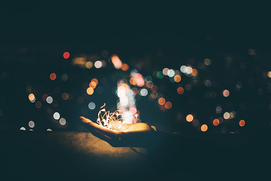 person's hand with light bokeh, untitled, lights, dark, night HD wallpaper