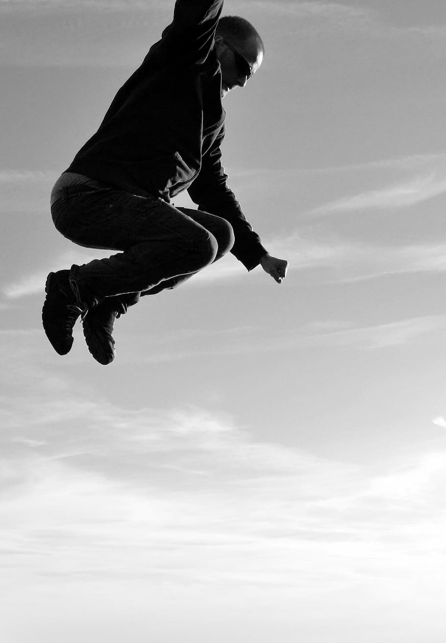 man, jump, jumping, flying, black and white, sky, high, one person HD wallpaper