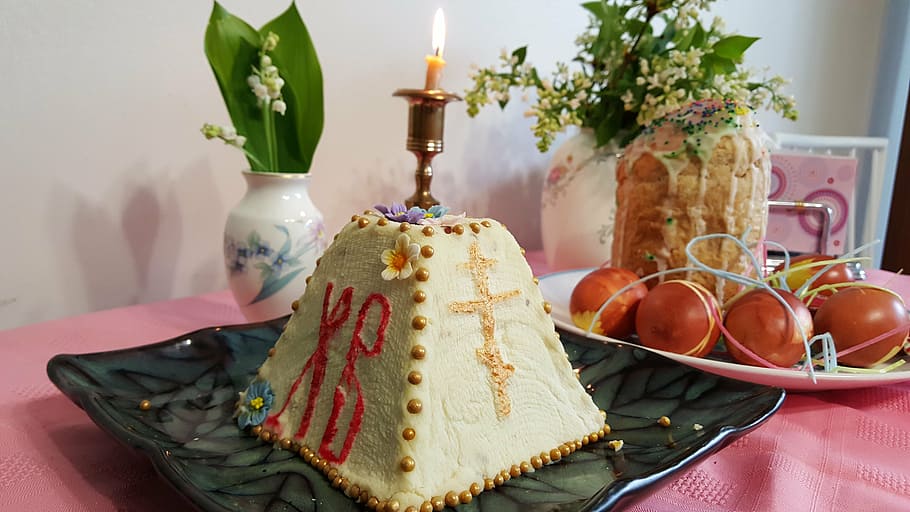 easter, easter cake, candle, table, eggs, christ is risen, food HD wallpaper
