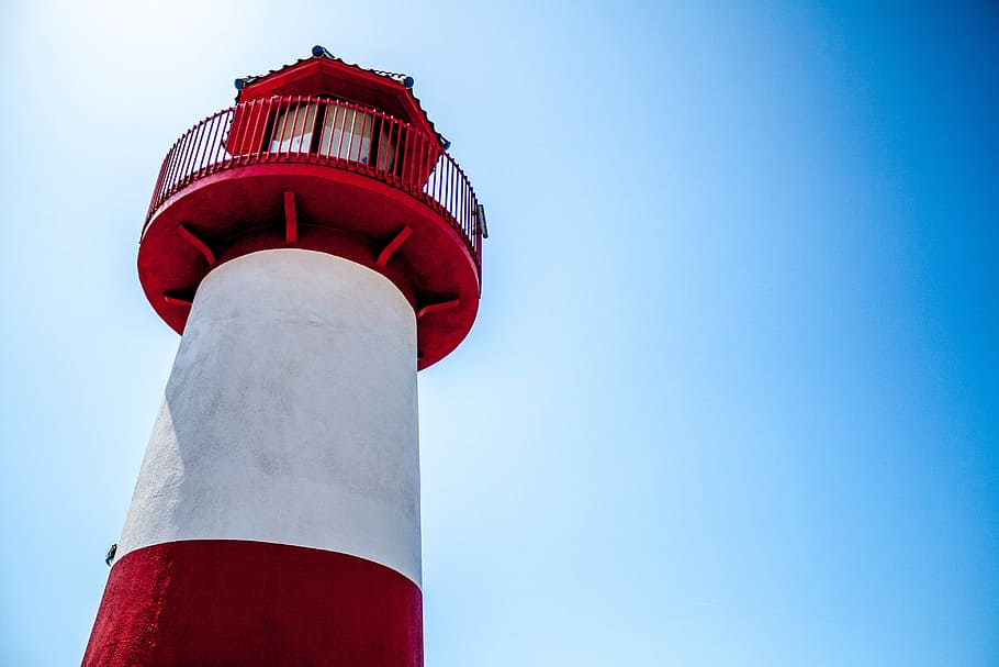 white and red concrete lighthouse, scene, blue, sky, architecture HD wallpaper