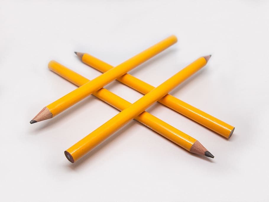 four orange pencils on white surface, analytics, hash tag, social HD wallpaper