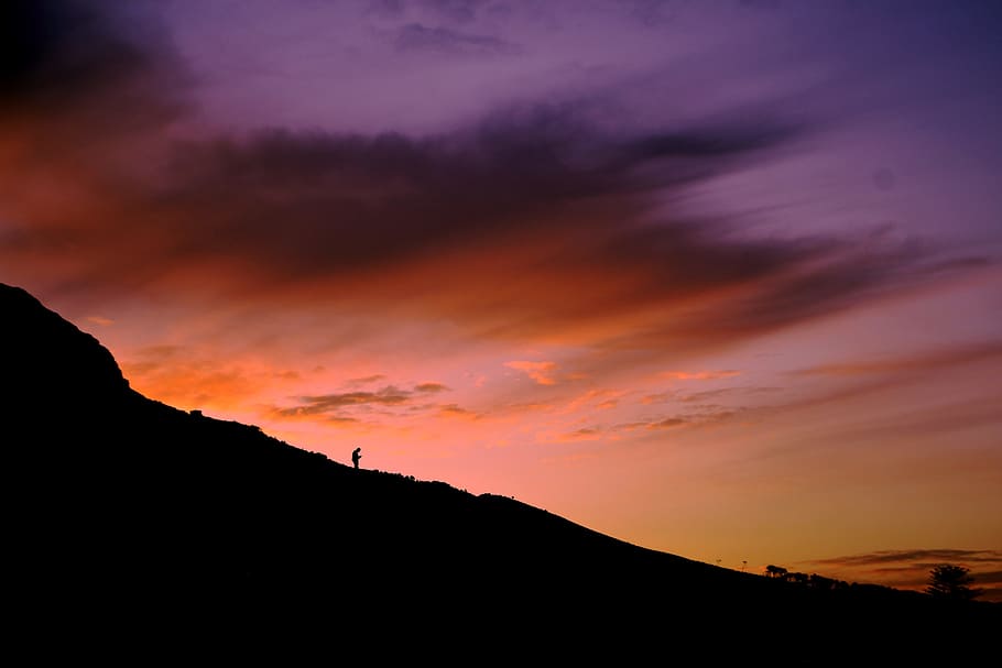 silhouette of mountain, sunset, clouds, sky, scene, slope, hill HD wallpaper