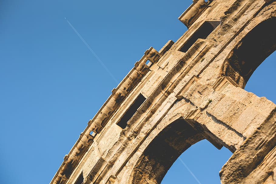 Coliseum in Pula with Plane, airplane, antique, architecture