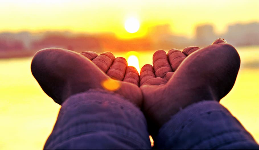 person's two hands, sunset, holding sun, beach, wave, sea, tide HD wallpaper