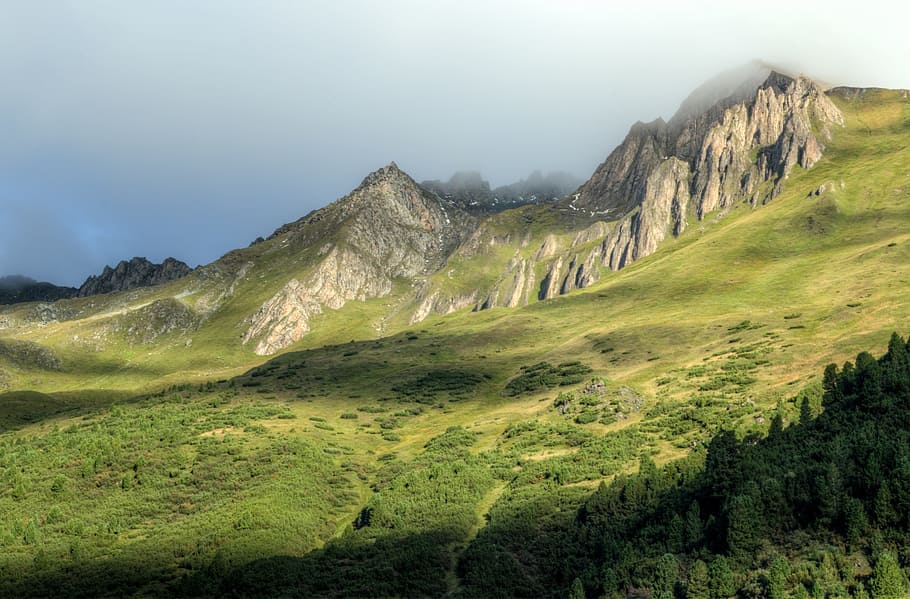 landscape, nature, sky, clouds, alps, conifers, countryside, environment HD wallpaper
