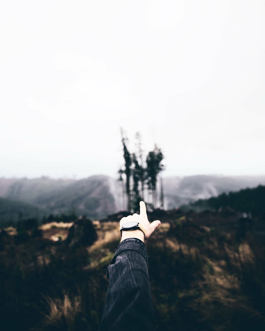 person pointing mountain during daytime, trees, shallow, focus HD wallpaper