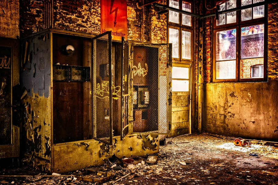 wrecked machine inside building, elektrik, current, box, power box HD wallpaper