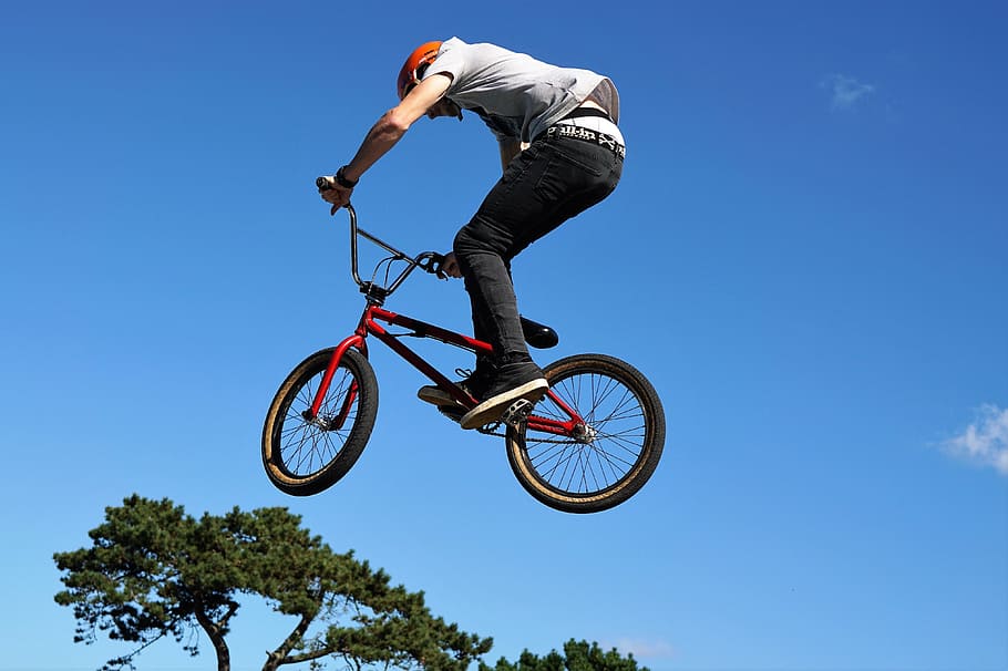 blue, sky, cloud, tree, plant, people, man, biker, sport, activity HD wallpaper