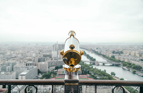 gold and stainless steel telescope, brass, silver, balcony HD wallpaper