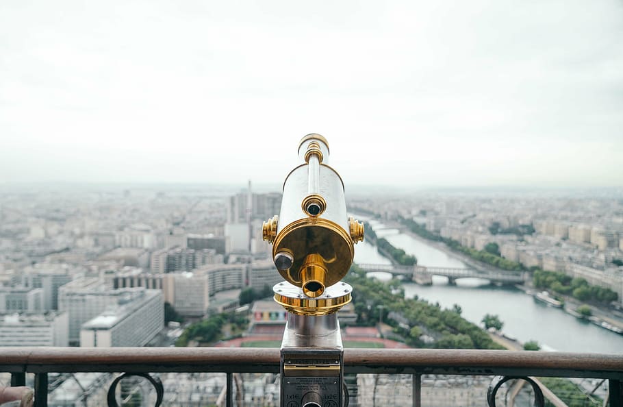 gold and stainless steel telescope, brass, silver, balcony HD wallpaper