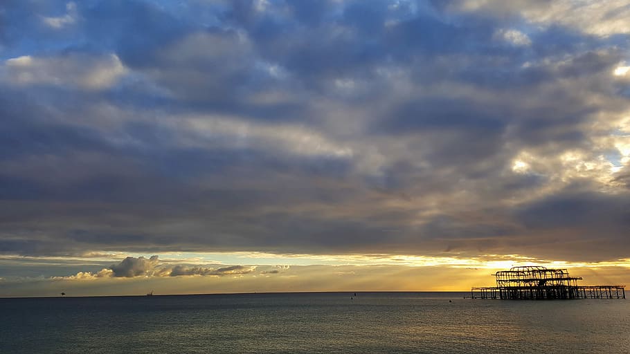 Sunset, Brighton, Pier, Sea, Clouds, contrasts, dusk, coast HD wallpaper