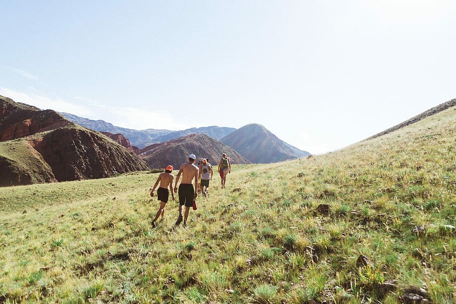 people walking on green grasses beside mountains, people climbing on mountain HD wallpaper