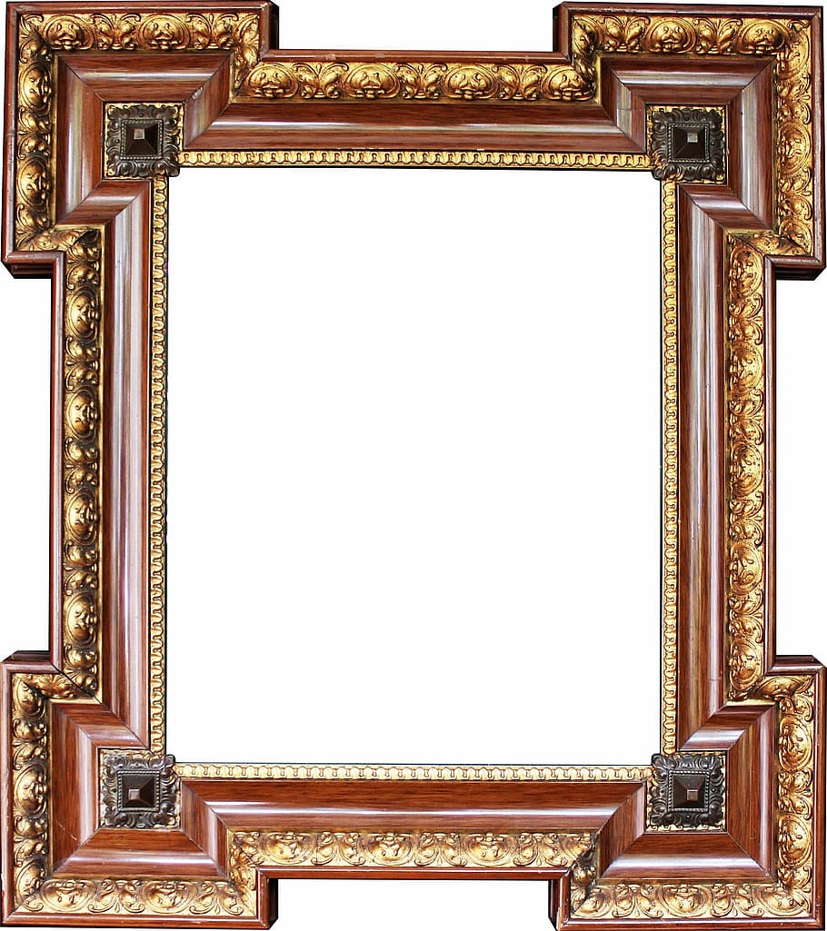 brown wooden photo frame, gold stucco frame, wooden frame, antique