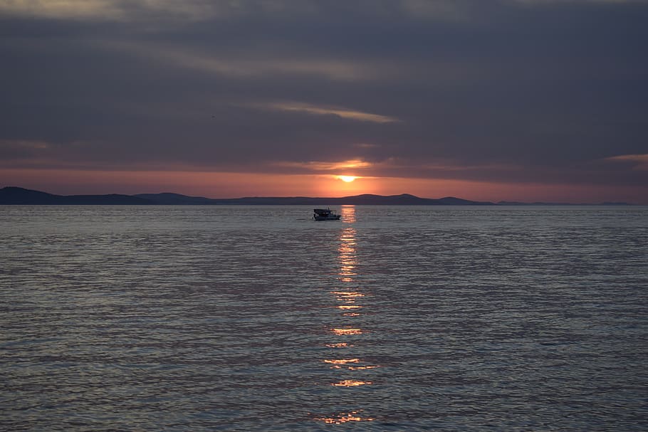 sunset, sea, clouds, ship, mountains, sky, water, scenics - nature HD wallpaper