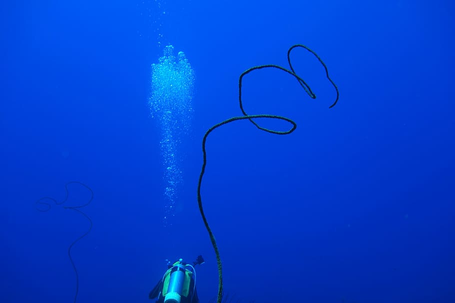 diving, bubble, green island, underwater, blue, colored background HD wallpaper