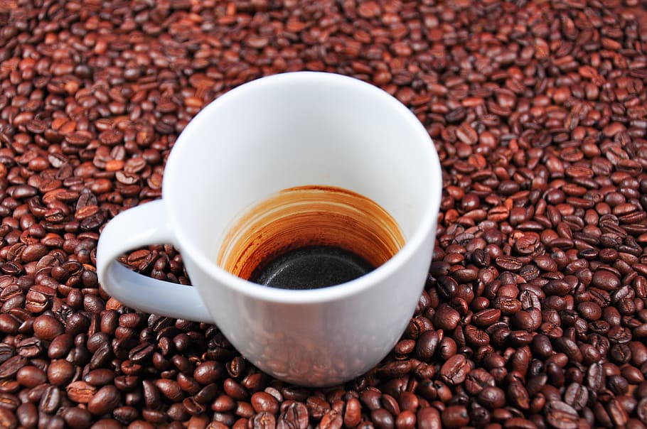 white ceramic cup on coffee beans, empty cup, coffee mugs, nice pattern HD wallpaper