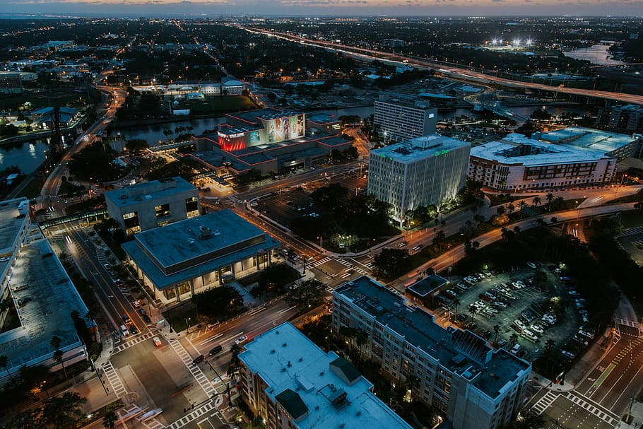 bird's eye vierw photographyof cityscape, aerial photo of city buildings during nighttime HD wallpaper