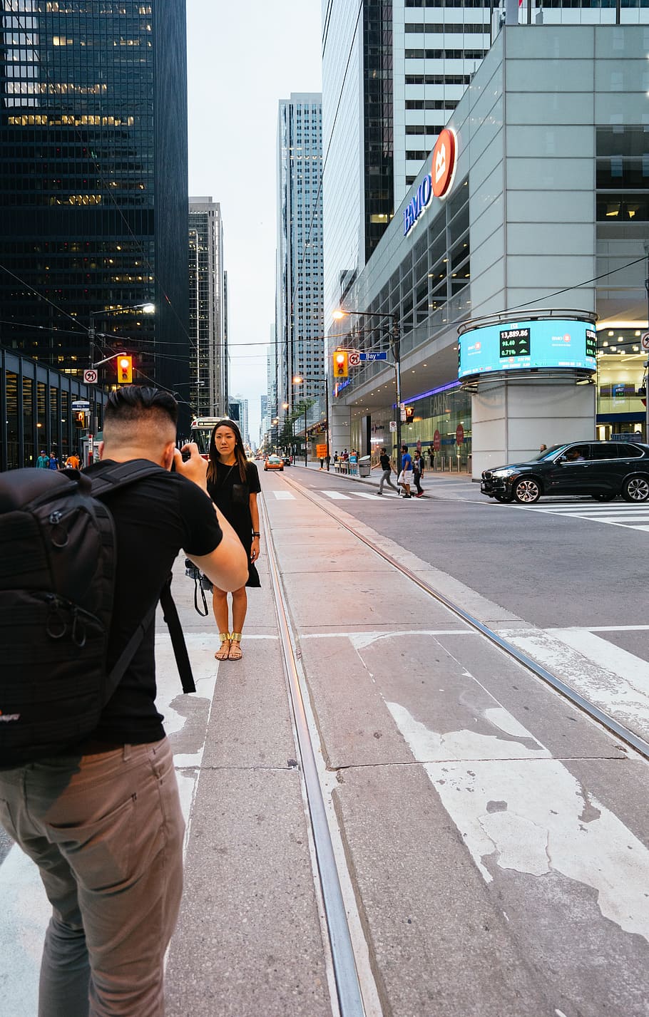 city, cars, road, traffic, architecture, backpack, buildings HD wallpaper