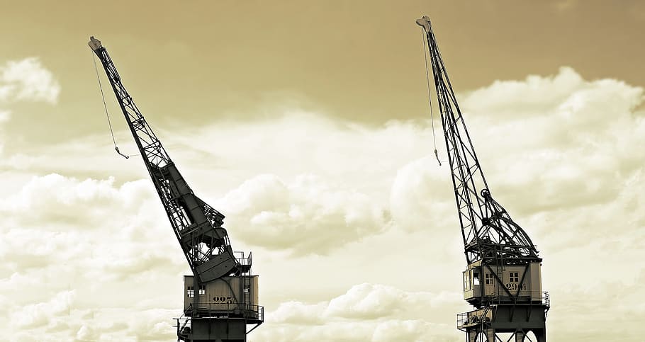 two construction lift equipment, harbour cranes, sky, clouds HD wallpaper