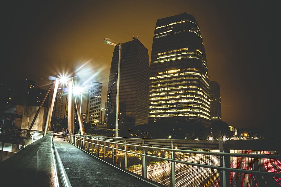 city, road, traffic, sunset, architecture, blur, bridge, building HD wallpaper
