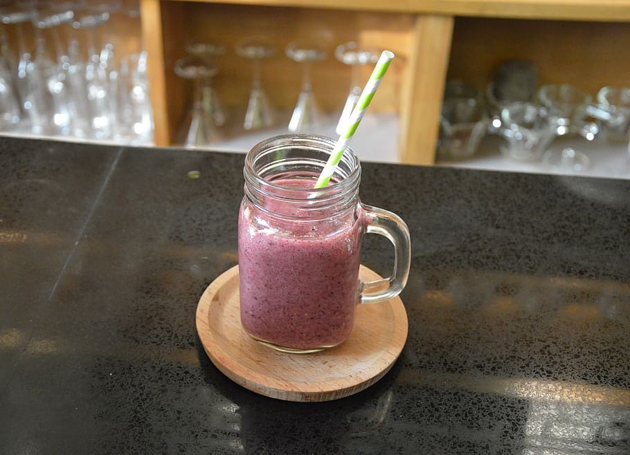 clear glass jar with pink liquid, smoothie, drink, cup, table HD wallpaper