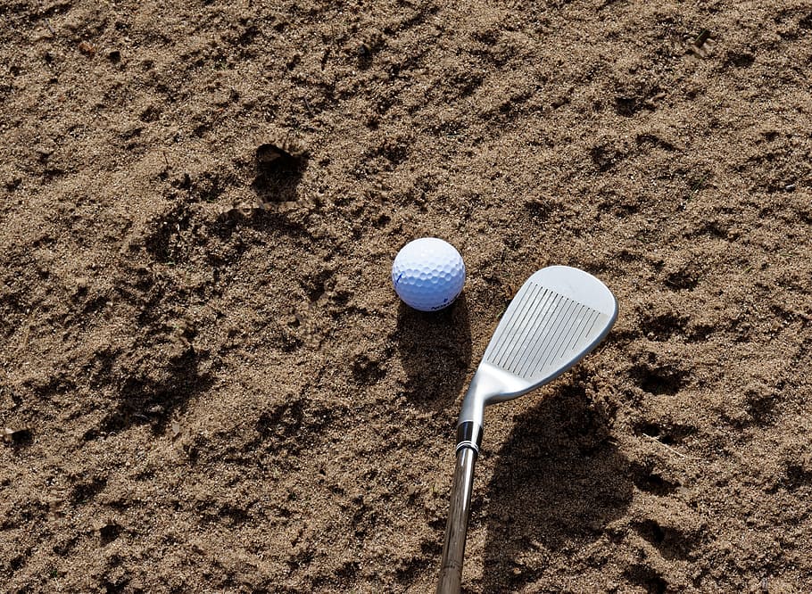 silver golf club beside golf ball, sand, bunker, trap, sport, HD wallpaper