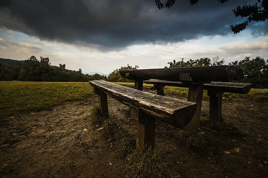bench, clouds, cloudy, grass, landscape, park, sky, table, wood HD wallpaper
