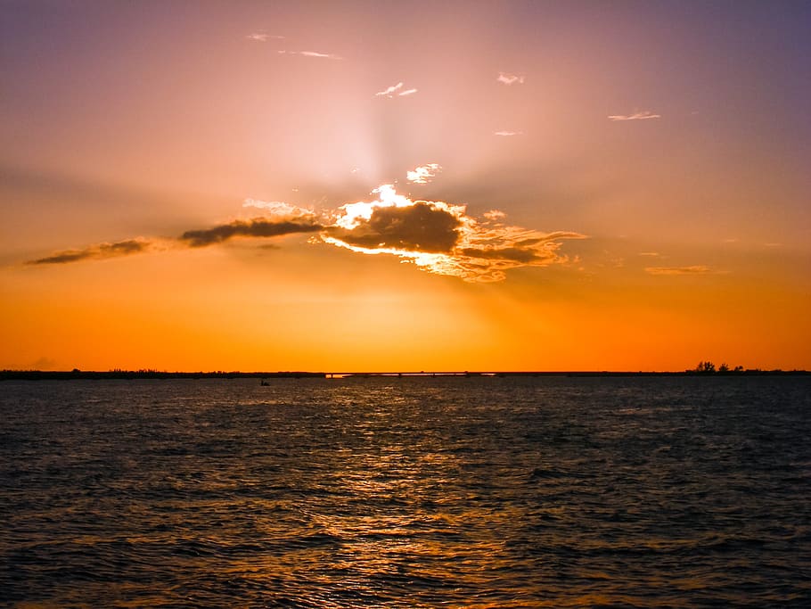 sunset and body of water, skyline, sea, clouds, ocean, bay HD wallpaper