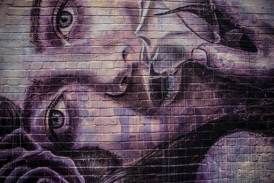Details of purple street art applied to a brick wall in the East of London, England, HD wallpaper