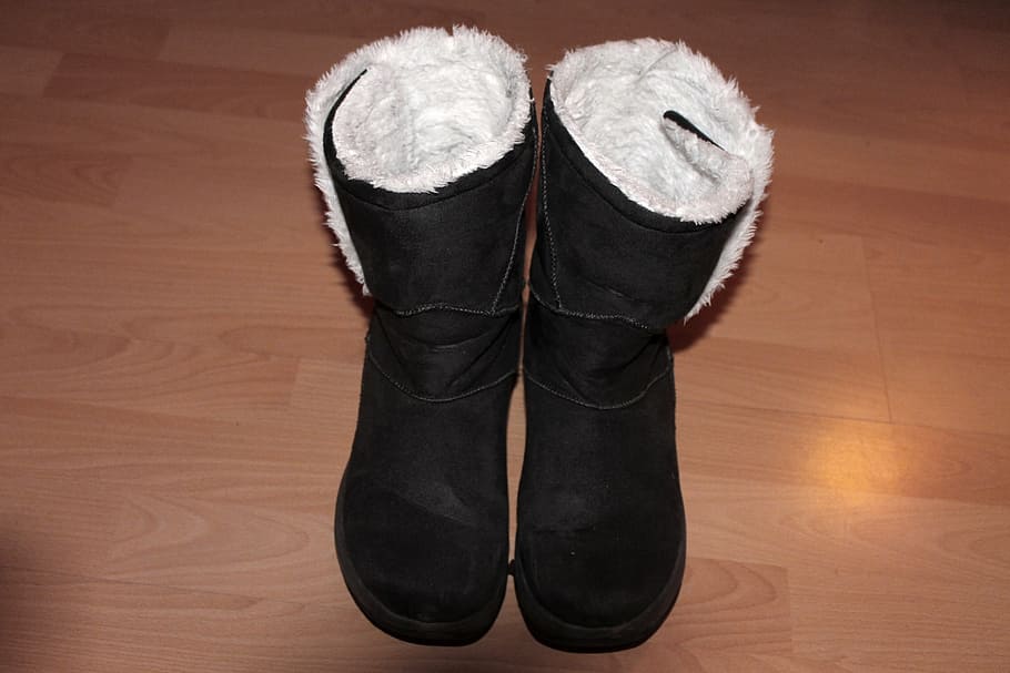 winter boots, two, shoes, fed, flooring, wood, hardwood floor HD wallpaper