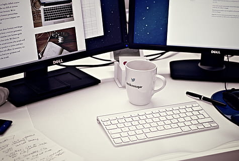 two black Dell flat screen monitor turned on, workstation, home office HD wallpaper