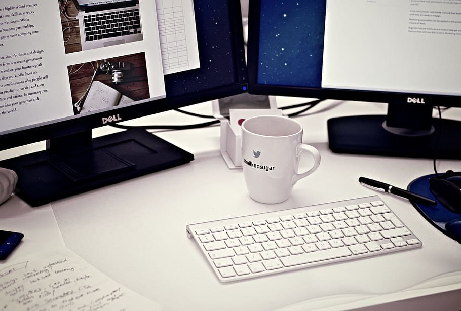 two black Dell flat screen monitor turned on, workstation, home office HD wallpaper