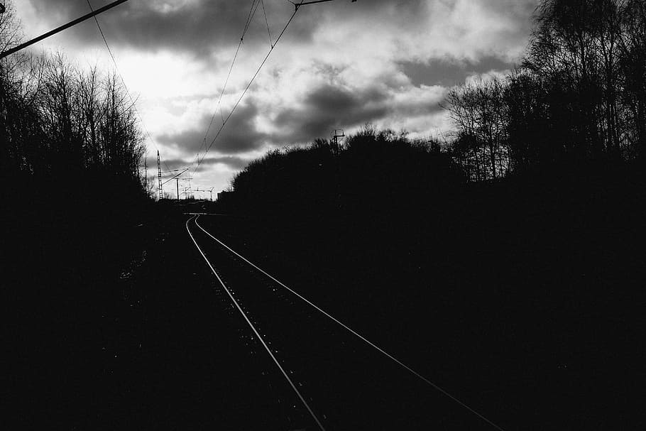 Railways, abstract, black And White, nature, sky, outdoors, railroad track HD wallpaper