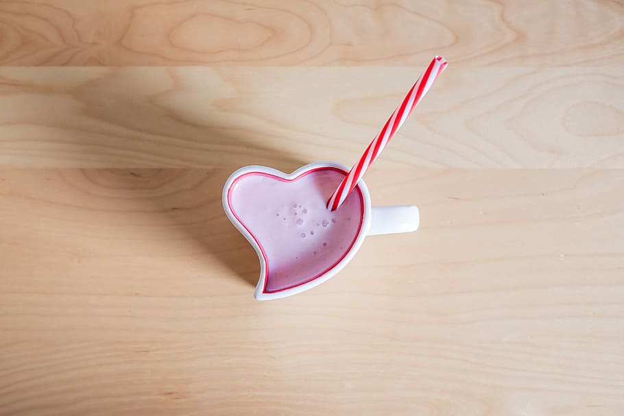Strawberry Milkshake in Lovely Heart Shaped Cup, couple, desk