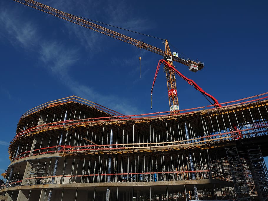 brown tower crane under blue sky, shell, home, scaffold, build, HD wallpaper