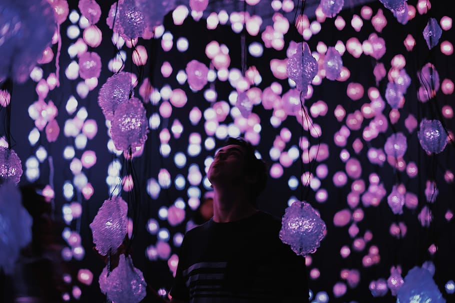 person standing on hanging light with bokeh light background, mans standing under hanging decors HD wallpaper