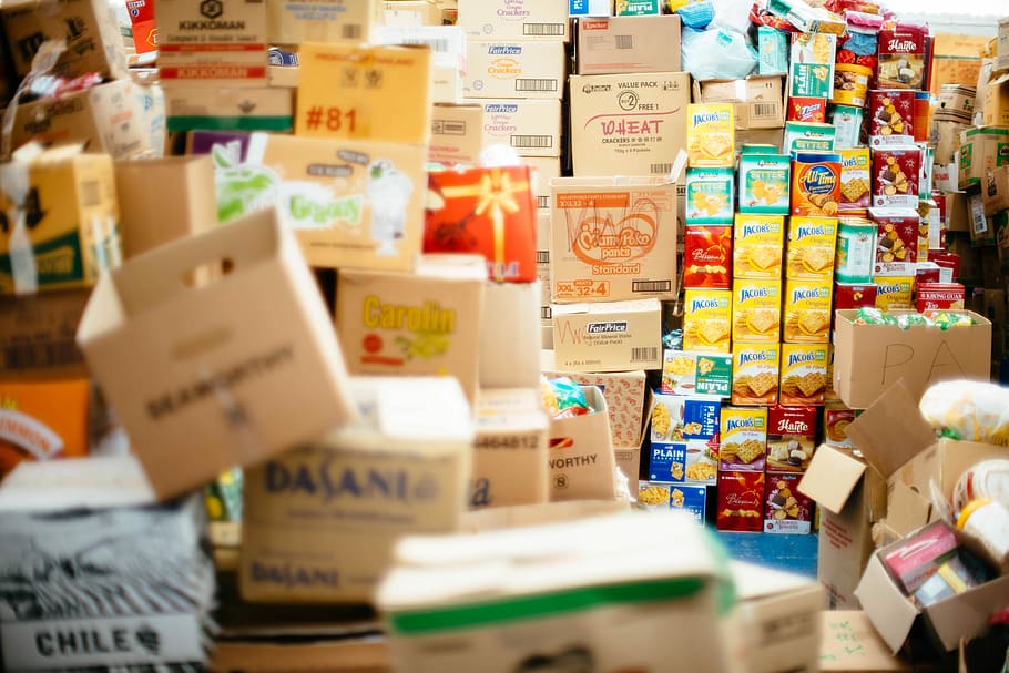 pile of cardboard boxes, pile of box inside room, food, store HD wallpaper