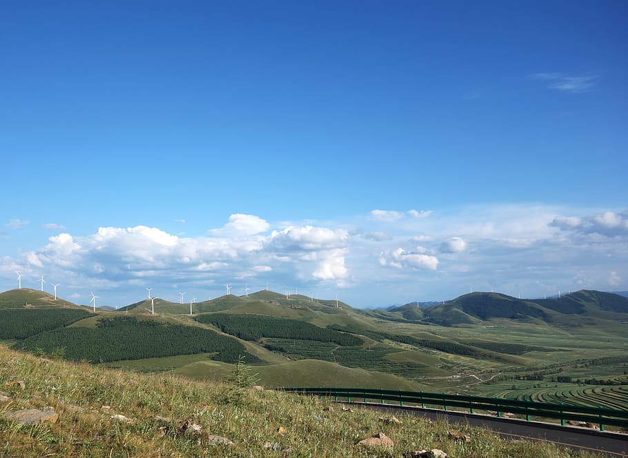 Mountains, Windmill, White Cloud, the mountains, blue sky, grassland HD wallpaper
