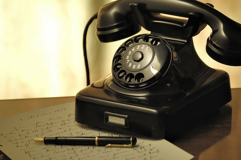 black rotary phone beside black pen, dial, old, arrangement HD wallpaper
