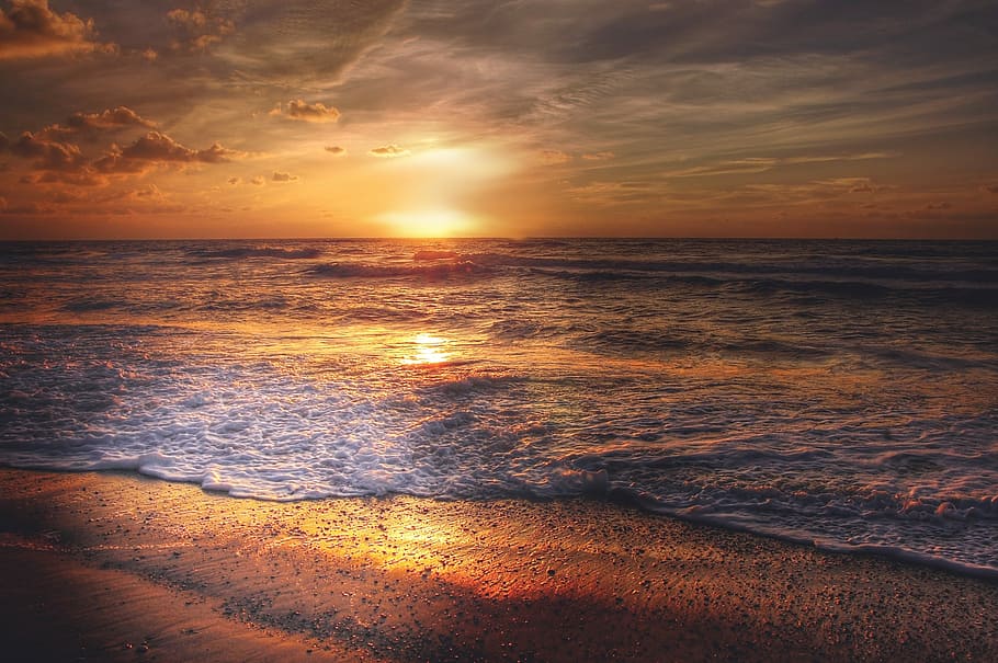 sunset scenery on body of water, orange, denmark, summer, sea