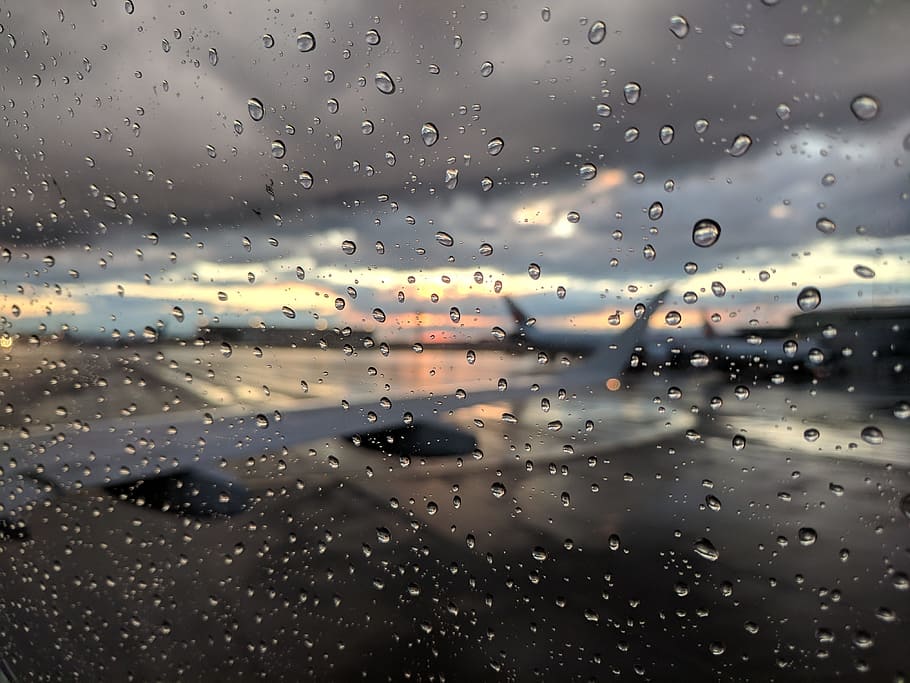 rain, wet, weather, reflection, airplane, drop, window, transparent HD wallpaper