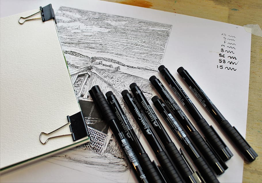 eight black pens on white printer paper, ink, sketch, sketchbook